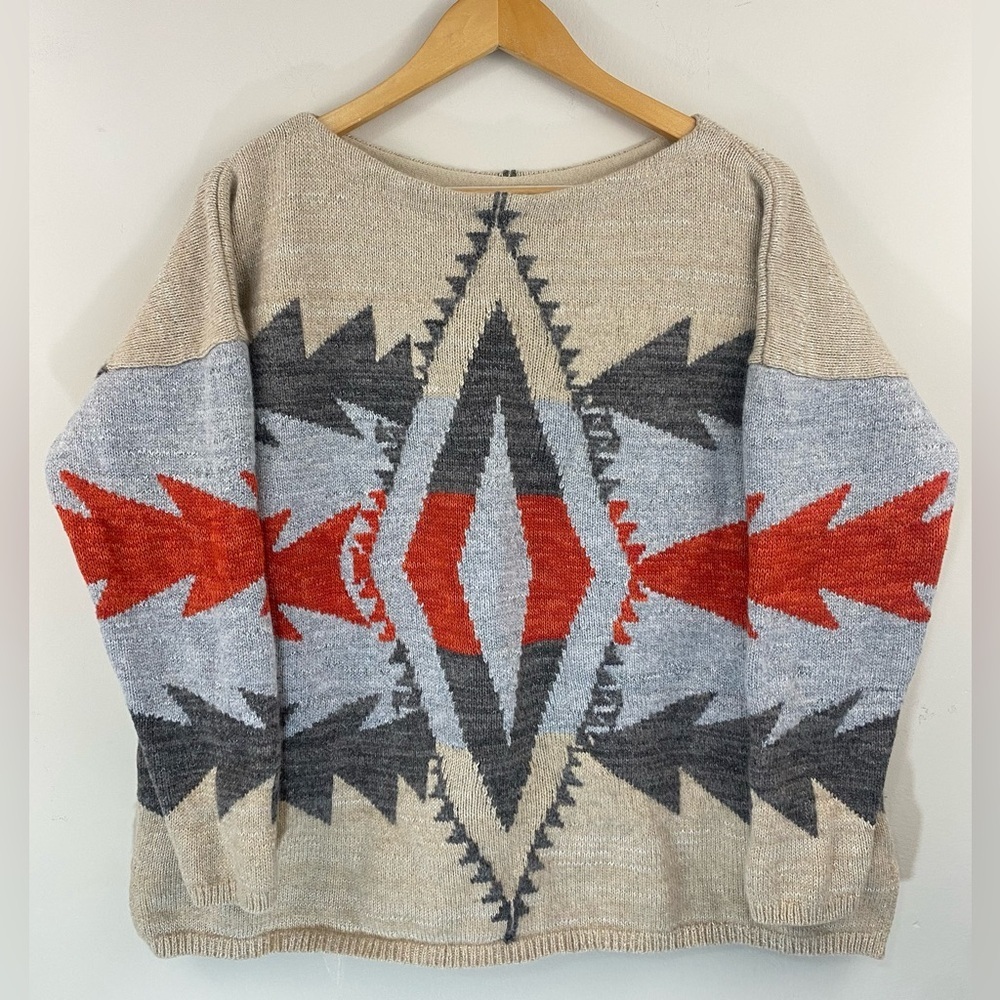 Lauren Ralph Lauren 1X Southwestern Aztec Knit Sweater Beige Gray Red Wool Blend